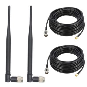 Set of 2 high-gain 8dBi omnidirectional 3G/4G antennas with TNC connectors and SMA cables. Custom lengths up to 30m. Outdoor/indoor. Made in Taiwan.