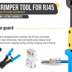 RJ45 Crimp Tool | Pass-Through Ethernet Crimper for Cat5, Cat5e, Cat6 | Multi-Function Crimping Tool for RJ11/RJ12 6P/8P Connectors